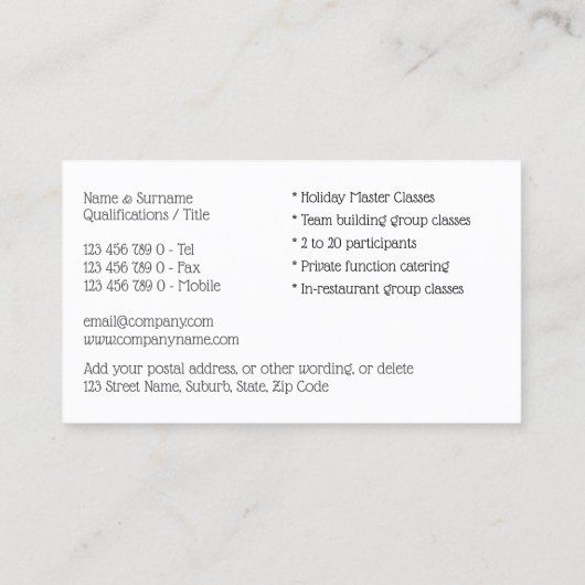 Moderne chef foto | verse gezonde salade canapé visitekaartje (Achterkant)