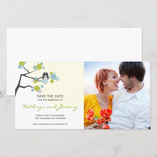 Moderne Cherry Blossom Tortelduifjes sparen de dat Save The Date (Voorkant / Achterkant)