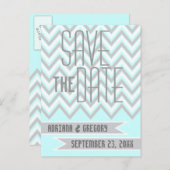 Moderne chevron grijs, aqua bruiloft Save the Date Aankondigingskaart (Voorkant / Achterkant)