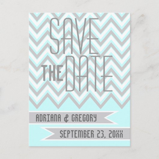 Moderne chevron grijs, aqua bruiloft Save the Date Aankondigingskaart (Voorkant)