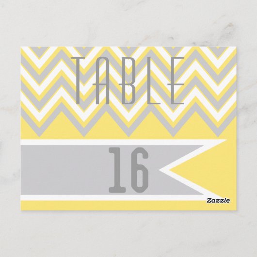 Moderne chevron grijs, gele trouwtafel nummer briefkaart (Achterkant)