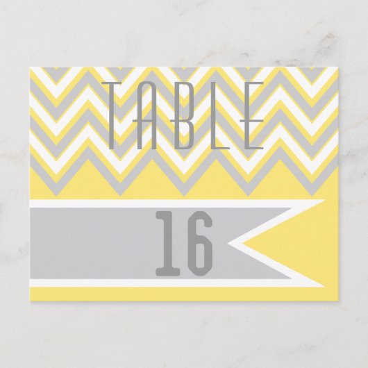 Moderne chevron grijs, gele trouwtafel nummer briefkaart (Voorkant)