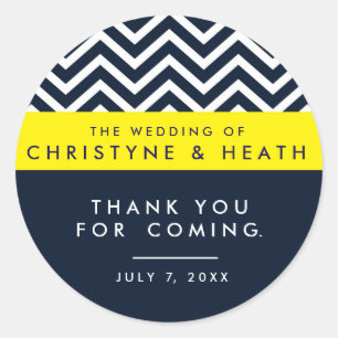 Moderne Chevron Navy Blauwe Gele Feeststicker Ronde Sticker