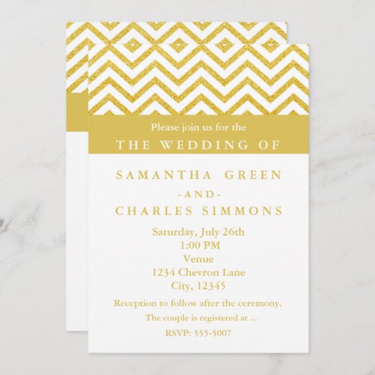 Moderne Chevron Wit & Gouden Bruiloft Uitnodiginge Kaart (Voorkant / Achterkant)