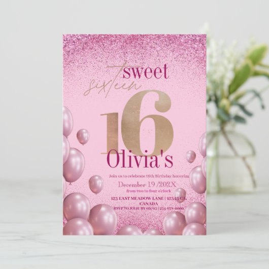 Moderne Chic 16e Verjaardag Roze Ballonnen Glitter Kaart (Staand voorkant)