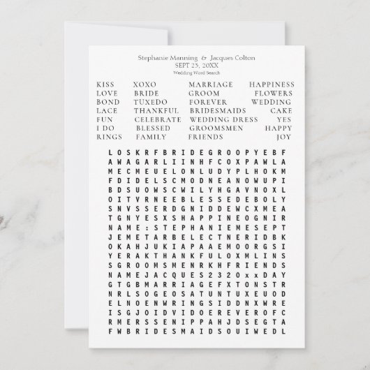 Moderne chic Al White Wedding Word Search Save Dat Kaart (Voorkant)