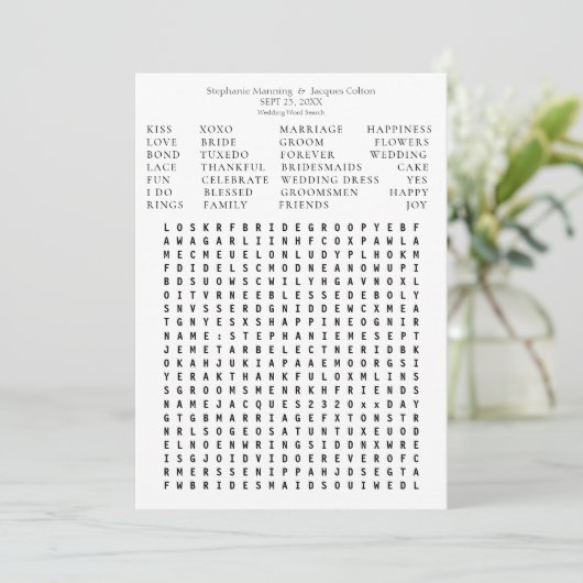Moderne chic Al White Wedding Word Search Save Dat Kaart (Staand voorkant)