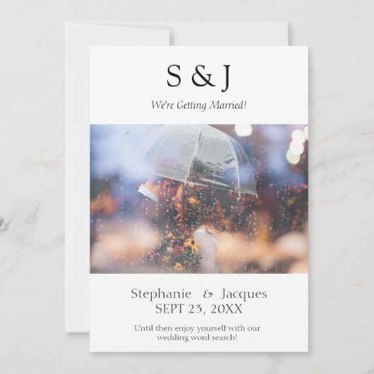 Moderne chic Al White Wedding Word Search Save Dat Kaart (Achterkant)