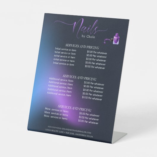 Moderne Chic Amethyst Nagelservice Menu Prijslijst Reclamebord Met Voetstuk (Voorkant)