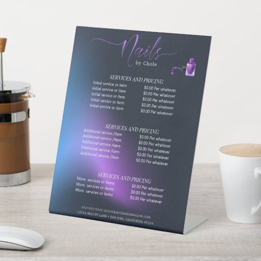 Moderne Chic Amethyst Nagelservice Menu Prijslijst Reclamebord Met Voetstuk (Insitu)