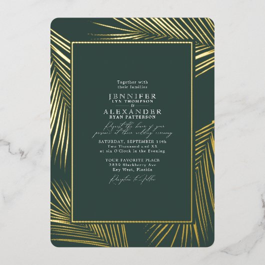 Moderne Chic Beach Palm & RSVP QR Code Weddenschap Folie Uitnodiging (Voorkant)