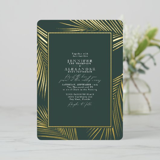 Moderne Chic Beach Palm & RSVP QR Code Weddenschap Folie Uitnodiging (Staand Voorkant)