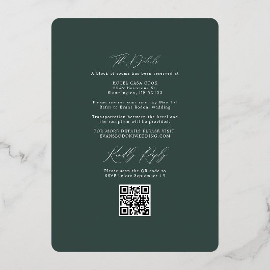 Moderne Chic Beach Palm & RSVP QR Code Weddenschap Folie Uitnodiging (Achterkant)