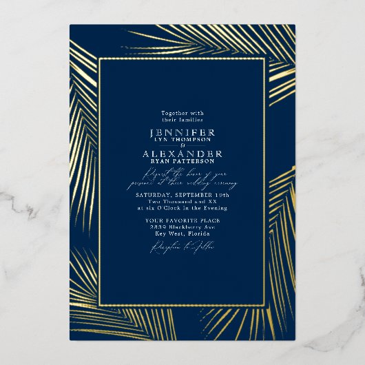 Moderne Chic Beach Palm & RSVP QR Code Weddenschap Folie Uitnodiging (Voorkant)