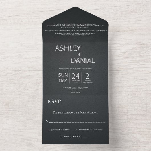Moderne chic Black en White Script Rustic Wedding All In One Uitnodiging (Binnen)