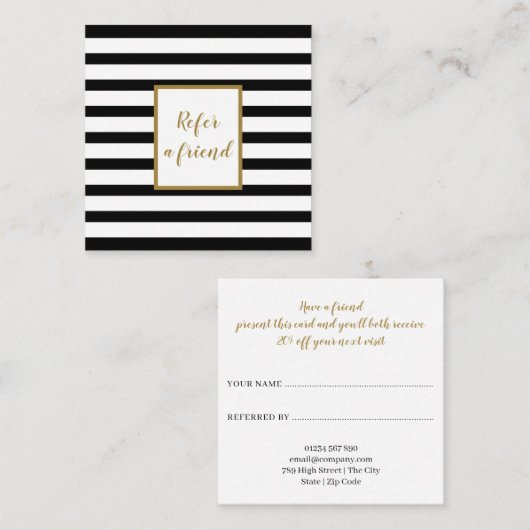 Moderne Chic Black en White Striped Gold Script Aanbevelingskaartje (Voorkant / Achterkant)