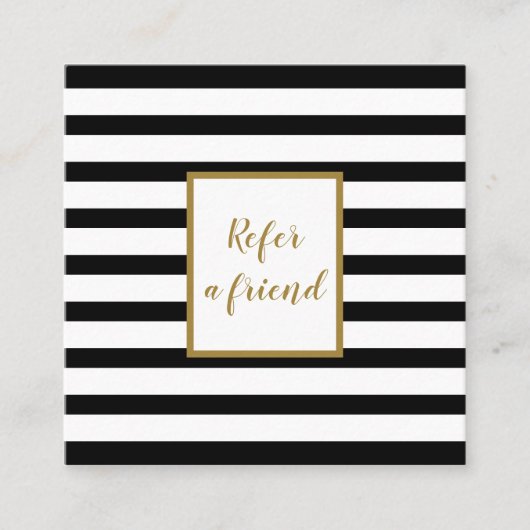 Moderne Chic Black en White Striped Gold Script Aanbevelingskaartje (Voorkant)