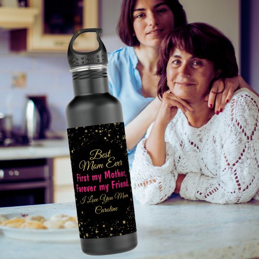 Moderne Chic Black Fuchsia Typografie Moederdag Waterfles