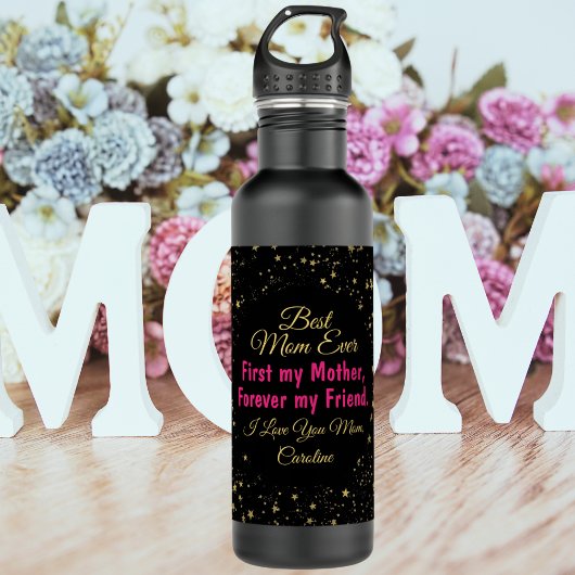 Moderne Chic Black Fuchsia Typografie Moederdag Waterfles