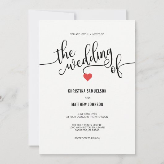 Moderne Chic Black, White RED Heart Wedding Kaart (Voorkant)