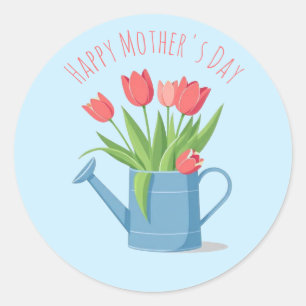 Moderne chic blauwe gietkan met tulpen bloemen ronde sticker