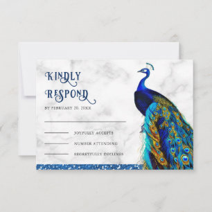 Moderne chic blauwe glitters pauw Indiase bruiloft RSVP Kaartje