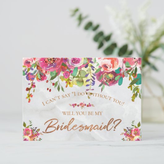 Moderne Chic Bloem Koper Folie Marmer Bruidsmeisje Kaart (Staand voorkant)