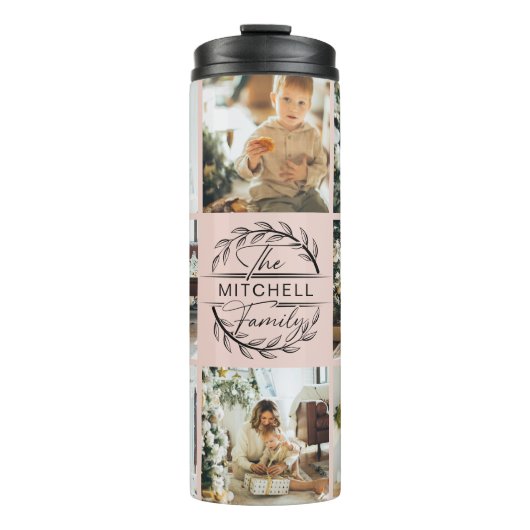 Moderne Chic Blush Roze Monogrammed & Fotocollage Thermosbeker (Voorkant)