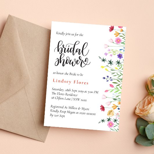Moderne Chic Boho Felle Wilde Bloemen Bruidsfeest Kaart