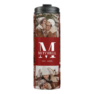 Moderne Chic Bourgondië Monogrammed & Fotocollage Thermosbeker