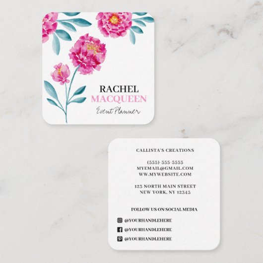 Moderne Chic Bright Floral Blooms Waterverf Vierkante Visitekaartje (Voorkant / Achterkant)