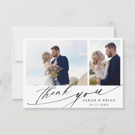 Moderne Chic Calligraphy 3 Photo Wedding Bedankkaart (Voorkant)