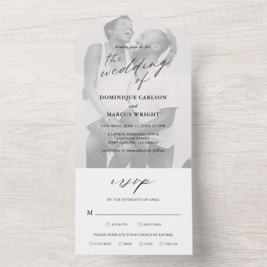 Moderne Chic Calligraphy Simple Photo Wedding All In One Uitnodiging (Binnen)