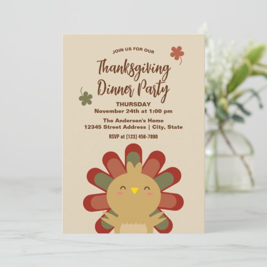 Moderne Chic Cute Turkey Thanksgiving Dinner Party Kaart (Staand voorkant)