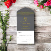 Moderne chic Dark Grey Gold Script Classy Wedding All In One Uitnodiging
