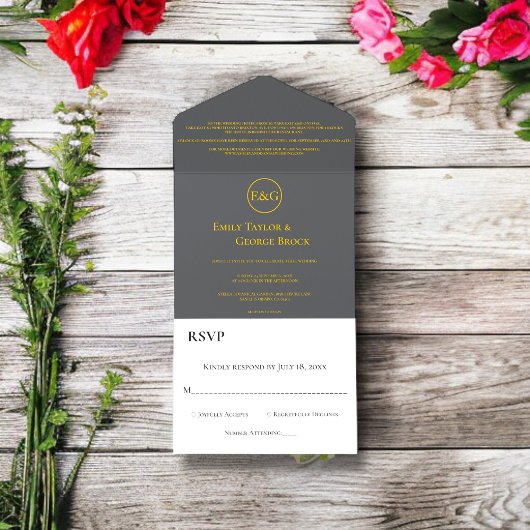 Moderne chic Dark Grey Gold Script Classy Wedding All In One Uitnodiging