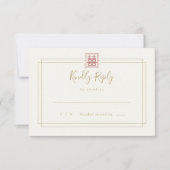 Moderne chic Double Happiness Ivory Gold Wedding RSVP Kaartje (Voorkant)
