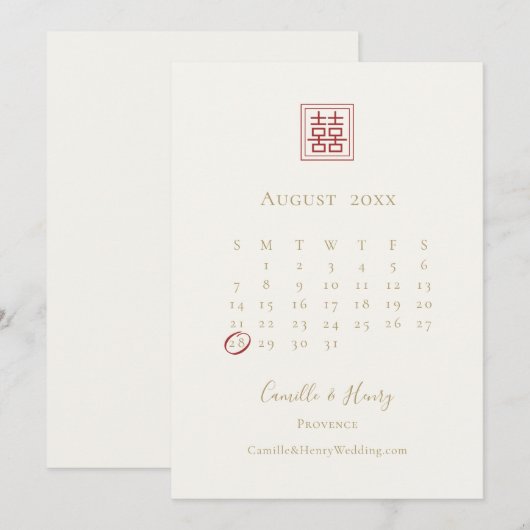 Moderne chic Double Happiness Ivory Gold Wedding Save The Date (Voorkant / Achterkant)