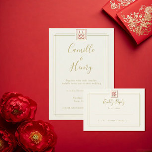 Moderne Chic Dubbel Geluk Ivoor Gouden Bruiloft RSVP Kaartje