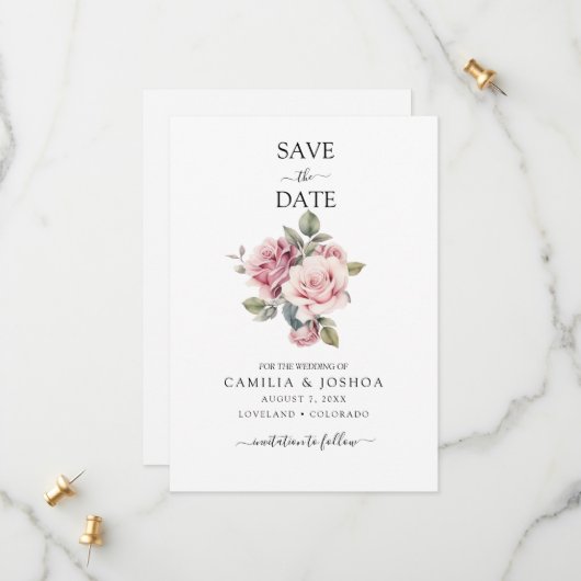 Moderne Chic Elegante Romantische Roze Roos Bruilo Save The Date (Voorkant / Achterkant in situ)