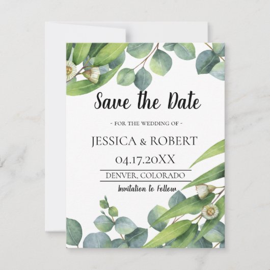 Moderne chic Eucalyptus Weddenschap Bewaar datum Save The Date (Voorkant)