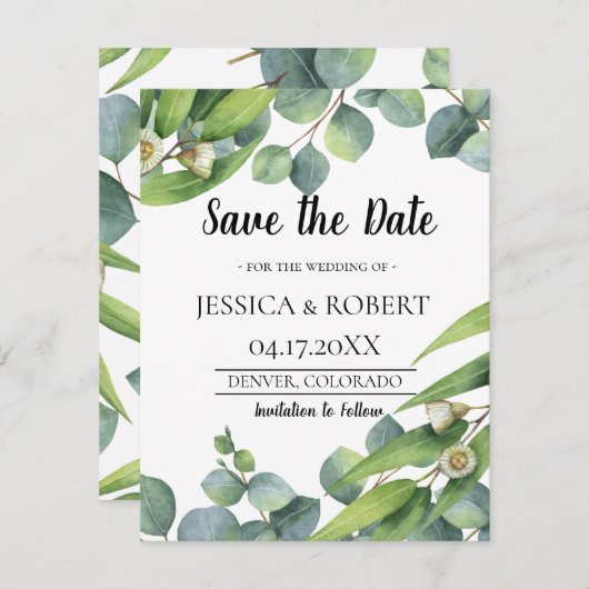 Moderne chic Eucalyptus Weddenschap Bewaar datum Save The Date (Voorkant / Achterkant)