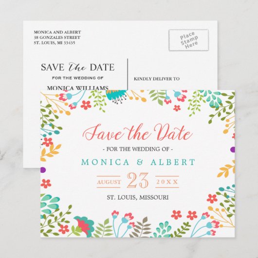 Moderne Chic Floral Save the Date Aankondigingskaart (Voorkant / Achterkant)