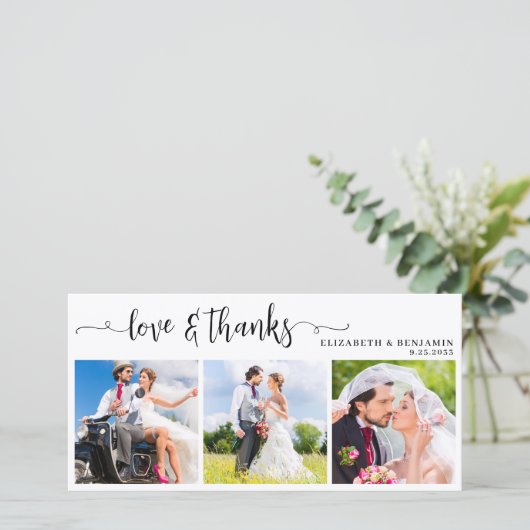 Moderne Chic Gepersonaliseerde 3 foto bruiloft Bedankkaart (Staand voorkant)