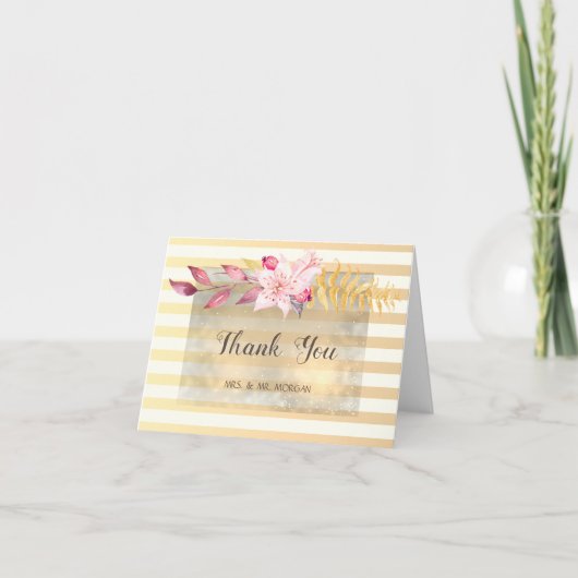 Moderne Chic Gestreepte Bloemen Bruiloft Bedankkaart (Voorkant)