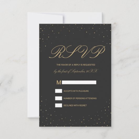 Moderne Chic Gold bespikkeld op zwarte RSVP Kaartje (Voorkant)