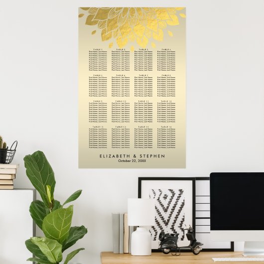 Moderne Chic Gold Floral Wedding Seating Chart Poster (Thuiskantoor)