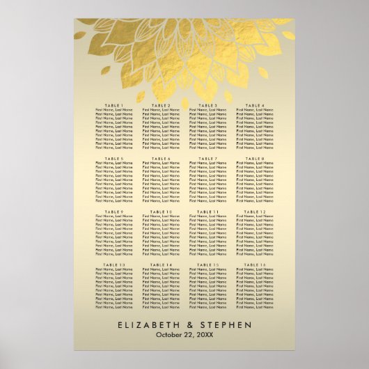 Moderne Chic Gold Floral Wedding Seating Chart Poster (Voorkant)