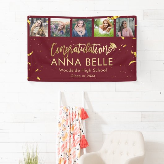 Moderne Chic Gold Script Photo Collage Afstuderen Spandoek (Insitu)