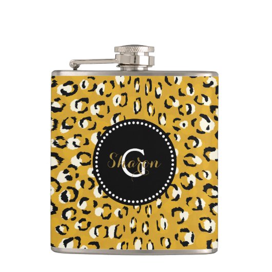 Moderne chic goud luipaardprint patroon monogram heupfles (Voorkant)